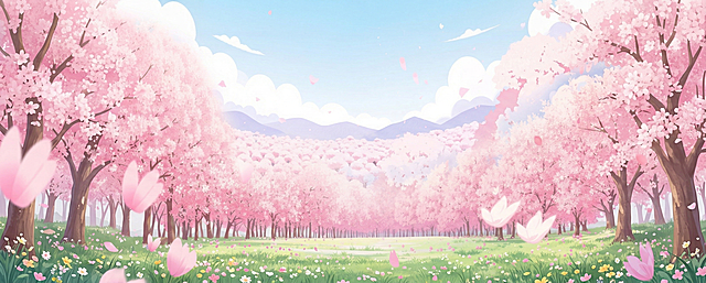 日式清新插画风格，大片盛开的粉色樱花林，粉色花瓣飘落，地面有绿色草地和小野花，背景是淡蓝色天空、白色云朵和远山，整体色调柔和明亮