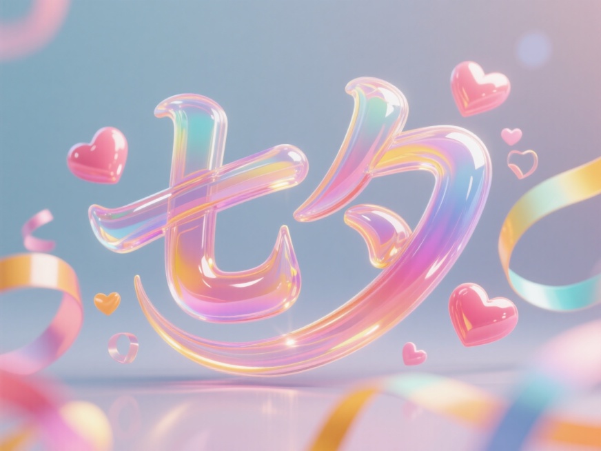 半透明凝胶材质风格文字”七夕“，层次感丰富，精致细腻唯美，线条流畅，浪漫感十足，点缀爱心、彩带等元素，简约梦幻背景，色彩鲜艳、饱和度丰富。预览效果