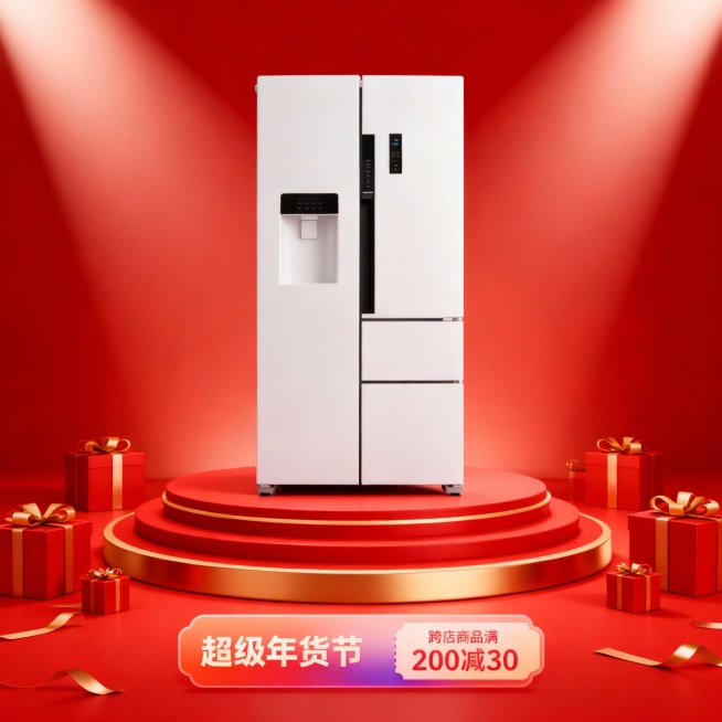 3D风格，主色调为红金渐变，高光聚焦于中央，背景有神秘感。图中主体位于底部三层金色描边的红色圆形展台上（主体占画面比40%，正面视角），周围散落系着金色丝带的红色礼品盒，整体构图采用对称美学，突出电商预览效果