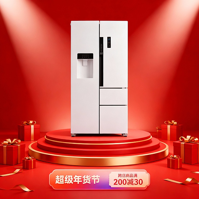 红金喜庆促销风，白色智能冰箱与红金展台、年货节促销标签结合，热烈吸睛，营造浓厚的年货节购物氛围。