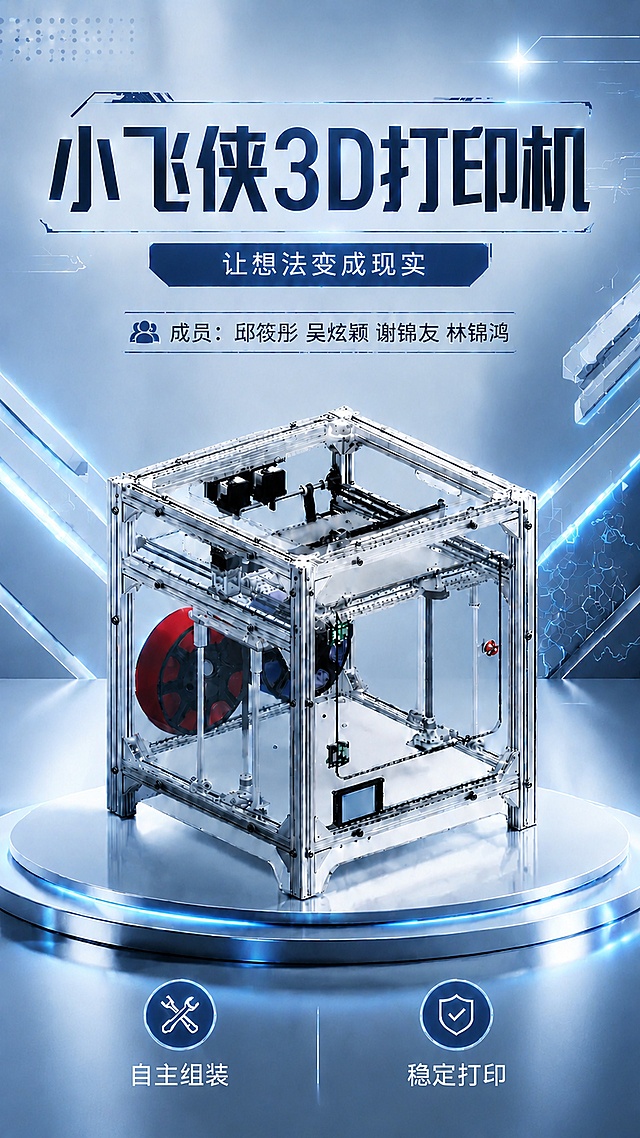 优化这张小飞侠3D打印机海报，提升整体精致感，增加光影细节和质感，让背景更有科技层次，产品光影更通透，保留所有现有文案：主标题"小飞侠3D打印机"，副标题"让想法变成现实"，成员名单，以及底部"自主组装""稳定打印"卖点，整体布局不变，生成更精美高级的科技风9:16海报