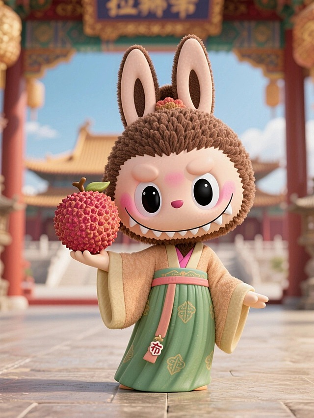 它穿着杨贵妃的衣服，抱着一颗巨大的荔枝，背景宫殿内