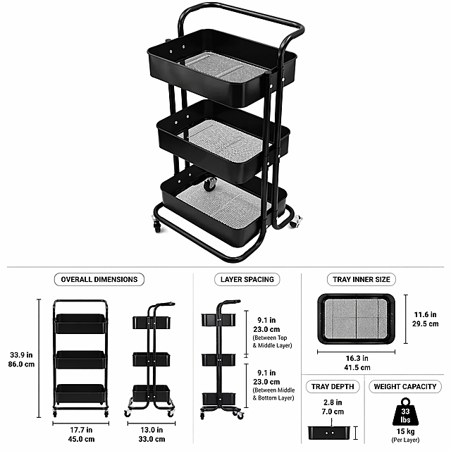 [Size Parameter Image] Dimension parameter drawing of the black 3-tier rolling storage cart. Pure white background, product centered. Mark the overall height, width, depth of the cart, the layer spacing and other main size data, marked with both Inch and CM, the size lines and numbers are clear, easy to read. Keep product appearance consistent with the input image, product is placed at the top half, size labels and dimension lines are placed at the bottom half, layout is neat, conform to Amazon specification. 1:1 square, 2048*2048, 2K resolution, commercial product specification drawing style, clear text, no extra decoration. Negative prompt: blurry size text, distortion, extra watermark, wrong size labeling.