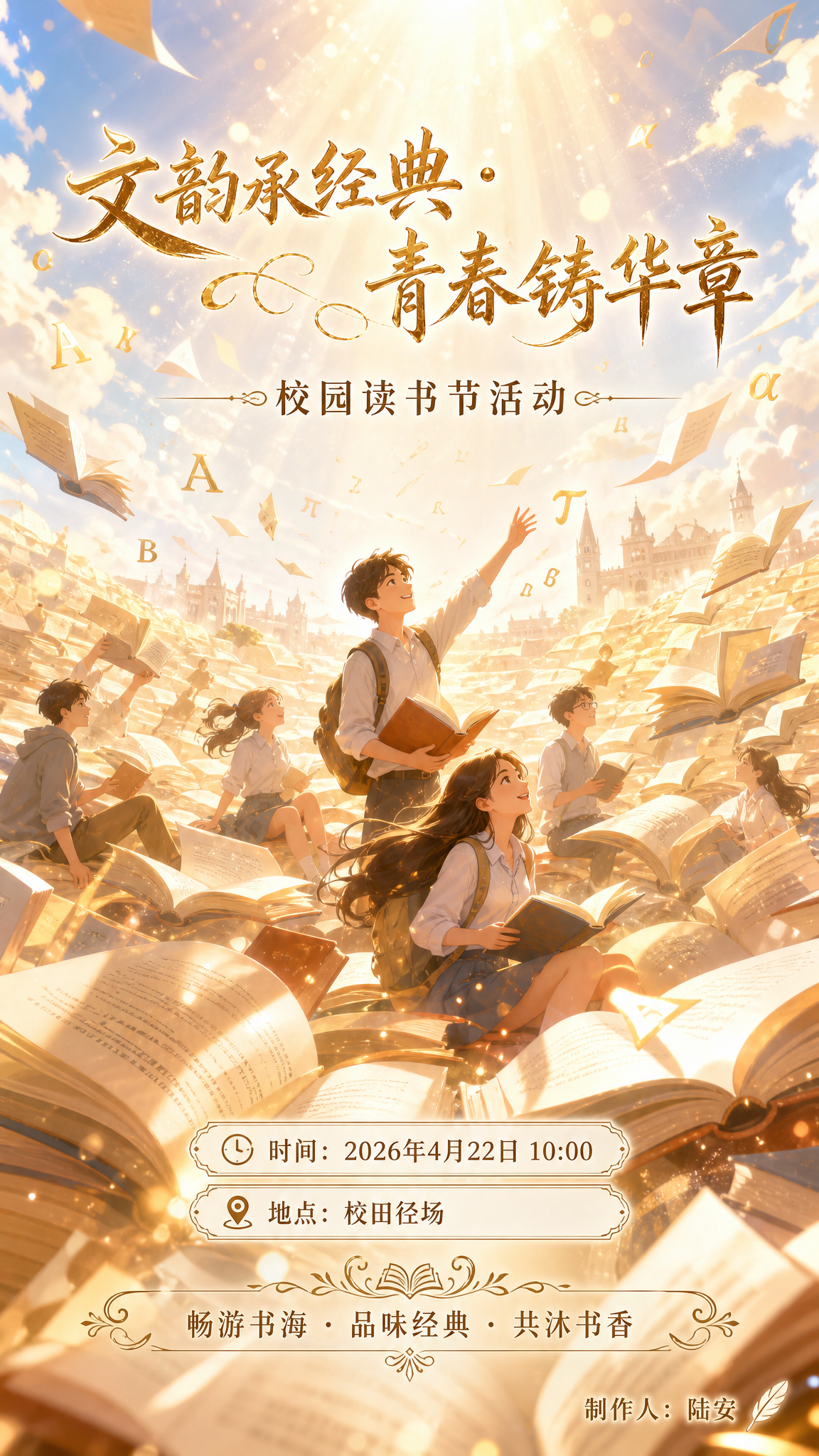 校园读书节活动海报，竖版构图，梦幻唯美风格，色调温暖，超高清细… - 图片创意预览