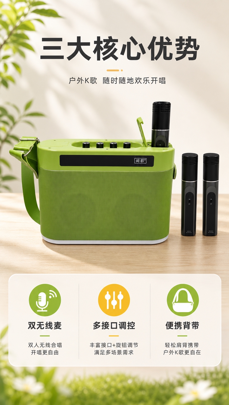 [商品] 使用【图2】闻歌户外K歌蓝牙音箱，果绿色主机 + 2… - 图片创意预览