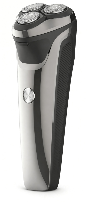 删除图中剃须刀机身的数显内容，包括文字USAGE TIME、数字99和sec，保持机身原本的银灰色渐变质感和光滑效果，和周围风格保持一致，不留修改痕迹预览效果