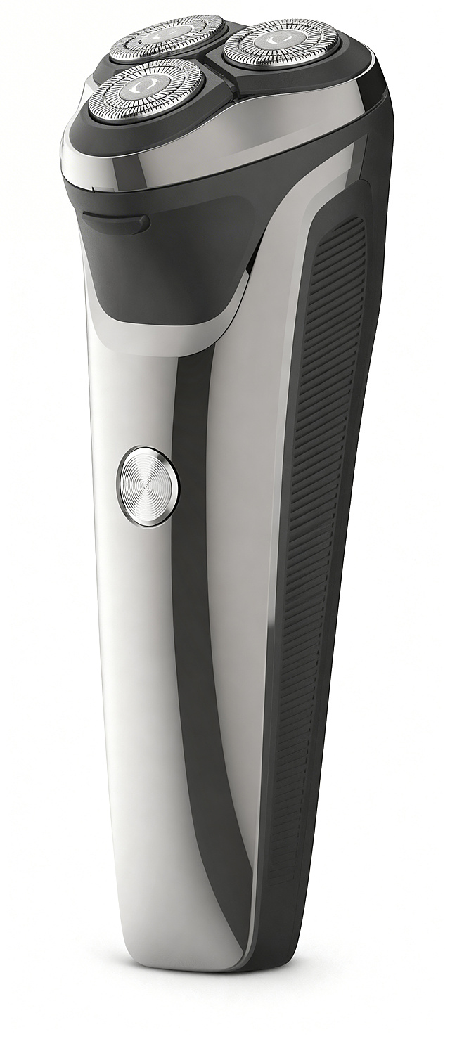 删除图中剃须刀机身的数显内容，包括文字USAGE TIME、数字99和sec，保持机身原本的银灰色渐变质感和光滑效果，和周围风格保持一致，不留修改痕迹