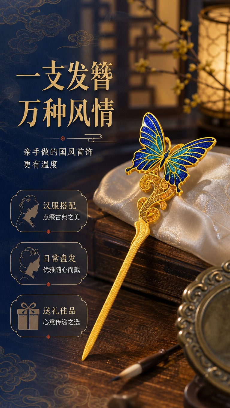 [商品] 使用【图2】蝴蝶款3D打印发簪成品；保留蝴蝶造型、蓝… - 图片创意预览