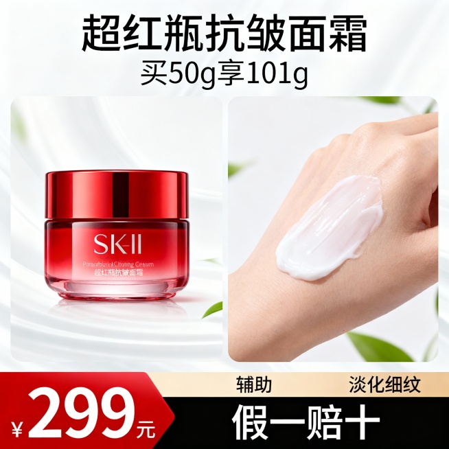 生成三张不同场景的面霜电商主图，价格“299元”，比例1:1，超红瓶 抗皱面霜 买50g享101g预览效果