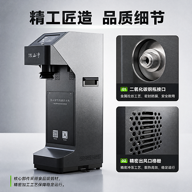 [主图-3] 依山净核心材质与工艺细节展示
[氛围风格]高端质感，突出材质工艺优势
[画质]微距商业摄影，细节清晰锐利，质感通透
[元素]主区域展示产品整体，右侧叠加两个局部细节放大框：第一个放大框展示二氧化碳钢瓶接口金属拉丝细节，配文字说明；第二个放大框展示出风口精密格栅工艺。保持产品整体和局部细节和原图一致，质感真实还原。背景为纯净浅科技灰，不抢主体
[光影]硬光突出金属材质纹理，高光点缀，细节层次分明，结构清晰
[配色]主调科技深灰，金属银高光，点缀生态绿标签
[视角构图]主体左侧，右侧两细节框上下排列，主体占比约60%，版式清晰错落有致
[文字版式]顶部主标题写「精工匠造 品质细节」，左下角说明文字：核心部件采用食品级钢材，精密加工工艺保障稳定运行。每个放大框下方标注对应细节名称，文字清晰，对比强烈
[比例分辨率]1:1比例，4K分辨率，文字清晰可辨，超高清
[负向提示词]变形，模糊，文字错乱，细节丢失，遮挡主体