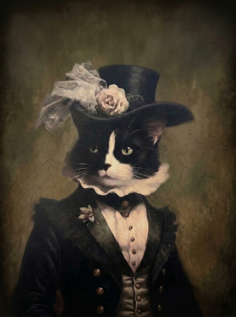 移除画面左侧的书柜、右侧的窗帘和桌子，保留原有的维多利亚贵族猫肖像主体和古典油画质感，将移除后的区域用与整体一致的复古暗调油画背景自然填充，保持画面和谐统一预览效果