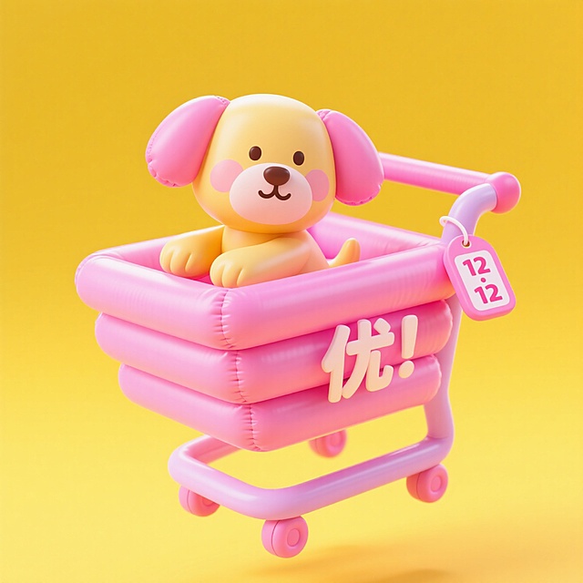 软3D风格萌犬坐于充气购物车，粉黄配色甜美元素满溢，卡通感十足，12.12节日促销氛围浓厚。