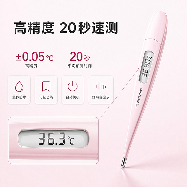 [主图-2] 泰尔茂 TERUMO 电子体温计 ET*C503A 核心价值卖点图，唯一任务：用一个核心结论加四个直接支撑点回答为什么值得买，不重复主图1 的识别信息。统一基调：与主图1 完全相同的医疗洁净风，浅粉白柔和渐变背景，标题深石墨灰，辅助字中灰，强调色为深莓粉（取自产品粉色），全图统一无衬线黑体，统一浅白圆角卡片与细线描边图标。画面：右侧竖置产品主体，30° 微俯视角，占画面约 55%，粉色笔形机身完整不切割，屏幕显示 36.3℃；左侧为信息区，顶部一行深灰粗体主标题「高精度 20秒速测」，其下两组并排数据模块，深莓粉大号数字「±0.05℃」配小号灰字「高精度」，「20秒」配小号灰字「平均预测时间」；数据模块下方横向排列四个统一浅白圆角小卡，每卡一个细线描边图标加短词：水滴图标「整体防水」、书签图标「记忆功能」、电源图标「自动关机」、声波图标「蜂鸣音提示」；画面左下叠加一个带细边框的显示屏局部放大窗，窗内清晰显示 36.3℃ 读数，作为本张精度证据。光影质感：延续主图1 的棚拍光比，屏幕玻璃有轻微反射，卡片带极浅投影，产品底部有接触阴影。配色：沿用统一基调，深莓粉只用于数字与图标描边，不作整页背景。文字版式：主标题最大最粗，辅助文案字号缩小 50% 以上，全部横排，无逗号，不出现说明性词语。输出要求：1:1，中文清晰无错字，产品外形颜色与输入图一致；负向：变形、错字、模糊、堆砌、水印、平台 Logo、蓝色背景、照抄参考图促销文案、绝对化用语。