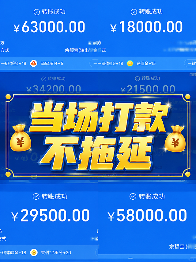 小红书笔记大字封面，配图大字，高饱和蓝金撞色风，版式精美，小红书笔记封面质感，适合信息流点击。主标题必须完整呈现且为画面视觉中心，逐字锁定：「当场打款不拖延」。主标题字号占画面约 55% 视觉权重，清晰可读，不得增删改字。背景：采用用户【图1】转账成功截图作全屏底图，保持底图不变，所有交易金额数字（63000、18000、34200、21500、29500、58000）必须完整露出、清晰可见，不得被遮挡或裁切；在底图中央叠加一层深蓝色半透明遮罩，沉稳大气。标题排版：采用配图大字 I17 底图+全屏遮罩策略，主标题居中放置，金黄色超粗扁平黑体字，加白色细描边和深蓝色投影，贵气醒目。装饰：主标题左右两侧各贴 1 个💰金币 emoji 小贴纸（共 2 个）；主标题外围加双层金色细线矩形边框；四角加小金色圆点装饰；整体贵气但不花哨。整体氛围：高端大气、实力打款、信任感强。画质：高清细腻，信息层级清晰，主标题与背景强对比，文字完整处于安全区内不可裁切，四周留安全边距，所有交易金额数字完整可见。画面比例 3:4。图生图：严格使用用户上传图片，【图1】= 底图（转账成功截图，保持底图不变、金额完整露出）。