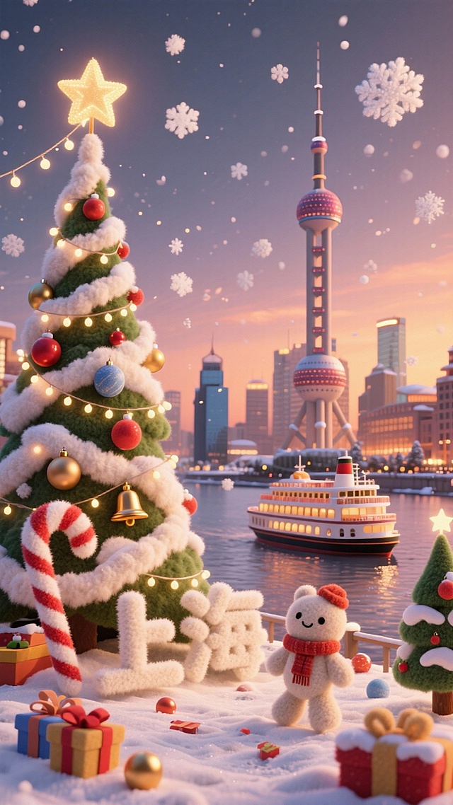 软3D风圣诞场景，融合上海地标与梦幻雪景，毛发生长质感的圣诞树与萌趣小熊，营造喜庆温馨的超现实节日氛围。