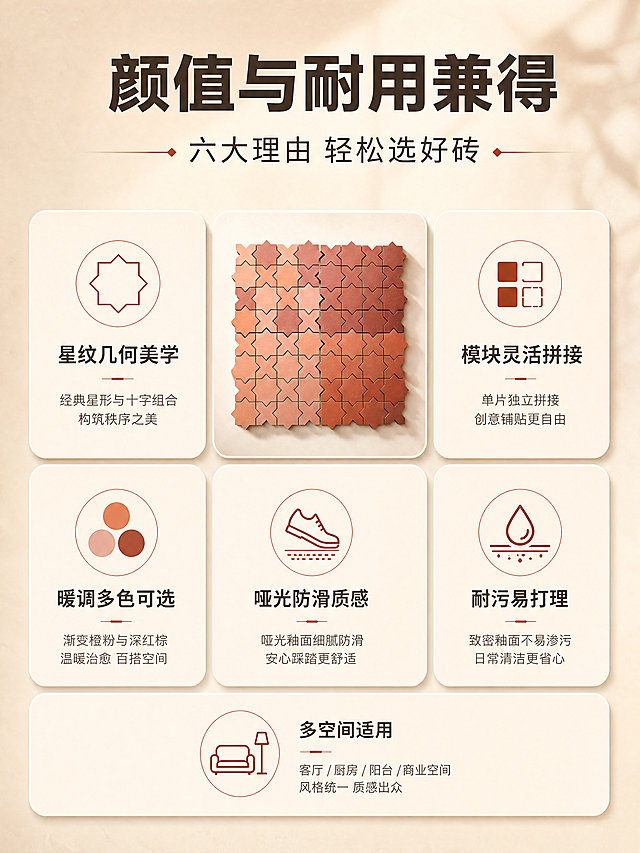 [商品] 使用【图1】星纹几何拼花瓷砖样品板，保留八角星十字几何图案、哑光质感、细密拼缝和两色方案：左浅橙粉渐变、右深红棕。
[画面] 目标=核心卖点总览；构图骨架=上标题下卖点卡，上方约30%为标题区，下方2排×3个圆角信息卡，中央卡片嵌入样品板实拍小图，背景米白浅沙色渐变；每张信息卡含图标、短标题和一行小字。
[视觉] 套系策略：风格=暖调高端家居商业摄影；标题字=现代无衬线粗体；正文字=简洁无衬线体；主色=大地陶土色系；背景延展=米白与浅沙色做深浅层级、同色渐变和细腻肌理；强调色=赤陶深棕，仅用于小面积图标、引线和标签；标题色=深炭棕；正文色=中暖灰棕；组件=圆角浅色信息卡、细线引线、简洁图标；光影=柔和暖光、自然窗光层次。
[文字] 顶部主标题“颜值与耐用兼得”、副标题“六大理由 轻松选好砖”；6张卖点卡文字横向排版：星纹几何美学、模块灵活拼接、暖调多色可选、哑光防滑质感、耐污易打理、多空间适用，每卡4-8字短标题。
[规格] 图片比例3:4竖版（宽1080高1440），4K，避免文字错字、竖排或斜排文字、产品变形、冷蓝冷灰背景、平台Logo水印、二维码、绝对化宣传用语。