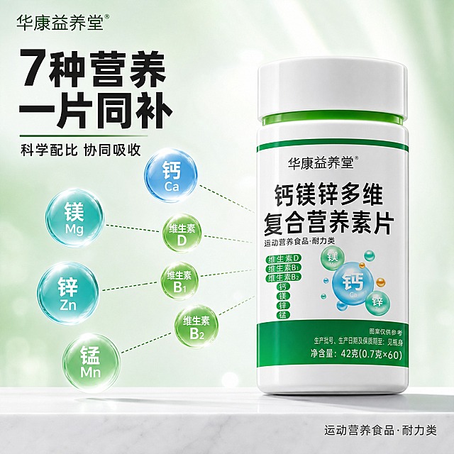 [主图-2] 华康益养堂钙镁锌多维复合营养素片 成分矩阵展示主图 核心任务是直观展示7种营养成分 建立科学配方信任感
[统一基调] 爆款促销感 清透科技风 绿白蓝配色 粗黑体主标题 圆角胶囊标签组件 浅绿渐变背景
[画面] 产品瓶身位于画面右侧 正面朝向 略微倾斜 占画面45%-50% 瓶身外观与输入图完全一致 白色瓶身 白色瓶盖带绿色环 标签文字图案完整保留 华康益养堂品牌名 钙镁锌多维复合营养素片大字 维生素D B1 B2 钙镁锌锰绿色标签 钙镁锌分子气泡图案 底部绿色条带和净含量全部清晰 左侧为成分展示区 用7个圆形透明气泡图标呈放射状排列 每个气泡内有成分名称和对应元素符号 分别是钙Ca 镁Mg 锌Zn 锰Mn 维生素D 维生素B1 维生素B2 气泡颜色从蓝到绿渐变 大小不一 有层次感 气泡之间用细虚线连接到产品瓶身 表达成分都来自这瓶营养素 底部有浅灰色台面承托
[光影质感] 商业摄影质感 主光从左上方照射 瓶身有柔和高光和曲面反光 底部有真实接触阴影 成分气泡有半透明玻璃质感 带轻微高光和折射 整体光线明亮通透 干净清爽 有科技感光晕
[配色] 主色白色 浅绿 深绿 辅助色天蓝 成分气泡用蓝绿渐变色 文字深灰色 强调色深绿色
[文字版式] 左上角品牌位：华康益养堂 左上方主标题分两行：7种营养 一片同补 主标题下方小字：科学配比 协同吸收 每个成分气泡内有白色成分名称 字体清晰 底部右侧小字：运动营养食品·耐力类 主标题粗黑体 最大号 辅助文字中等粗细 气泡内文字小号清晰 全部横排
[输出要求] 1:1正方形 2K分辨率 2048×2048像素 产品清晰 文字清晰可读 禁止变形 错字 模糊 水印 平台Logo 医疗功效暗示 绝对化用语 杂乱背景 产品悬浮