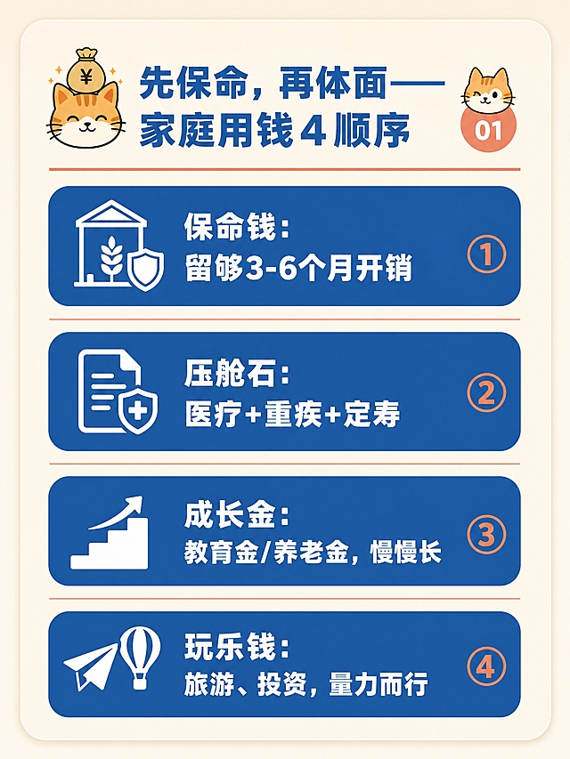 小红书笔记内页信息卡图，扁平杂志排版风，色块拼接，画面留白充足，版式精美，小红书笔记质感。主体为单张纵向圆角矩形信息卡，卡片背景为奶油色。顶部标题区：左上方放卡通橘猫头顶钱袋的小头像，旁边大字标题「先保命，再体面——家庭用钱4顺序」，标题下方加一条珊瑚橙细分割线。下方主体为4条家庭用钱顺序纵向排布，每条独立一行，左侧图标、右侧短句，整体呈纵向阅读动线；每条使用经典蓝的圆角色块衬底，图标和文字均为白色加粗；条与条之间用珊瑚橙色细线分隔。4条顺序自上而下：① 图标「粮仓+盾牌」，文字「保命钱：留够3-6个月开销」；② 图标「文件+盾牌」，文字「压舱石：医疗+重疾+定寿」；③ 图标「阶梯向上」，文字「成长金：教育金/养老金，慢慢长」；④ 图标「纸飞机+气球」，文字「玩乐钱：旅游、投资，量力而行」。右上角放猫咪小头像作为序号标记，每条色块右侧标注①②③④引导阅读。整体色调：奶油色底 + 经典蓝色块 + 珊瑚橙分割线/序号，白色文字加粗。构图：整体纵向排布，视觉从上至下依次扫过4条顺序，四周留白充足。画质：高清细腻，信息层级清晰，文字完整可读，处于安全区内不可裁切，四周留安全边距。画面比例 3:4。