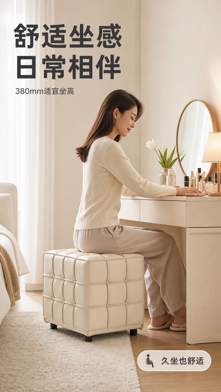 [商品] 使用【图1】中的米色真皮方格小凳子；保留方正造型、方… - 图片创意预览