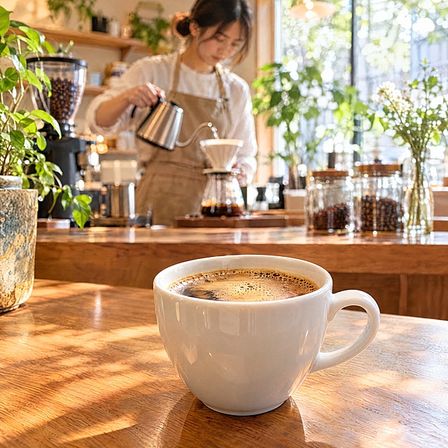 日系 ins 风的精品咖啡店场景摄影：镜头在吧台前，前景是一只白色陶瓷咖啡杯，杯中现磨手冲咖啡液面带有细腻浅棕油脂，杯身有柔和反光，作为画面视觉中心清晰突出。中后景是温暖的咖啡店内环境，原木吧台、手冲器具、玻璃罐、绿植、窗外透进柔和的自然光与斑驳光影；一位身穿米色围裙的咖啡师正在吧台后专注冲煮咖啡，动作自然，面部不抢镜。整体色调温暖明亮，暖白光与木色相互呼应，氛围治愈舒适、有生活感，适合社交媒体分享，让人看了想点赞。真实商业场景摄影质感，高清，浅景深，构图干净不杂乱。画面中不得出现任何文字、logo、水印。