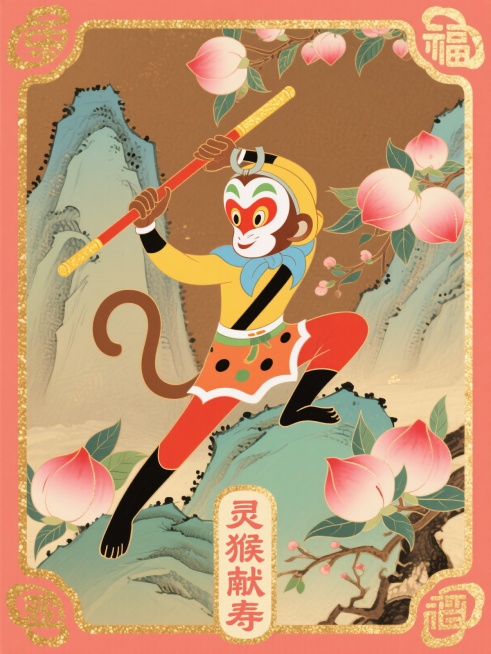 中国传统木版年画风格，拟人化猴持金箍棒戏蟠桃，背景花果山场景，四角寿桃纹样，底部竖排“灵猴献寿”，工笔重彩，棕黄配桃红，金粉勾边，机灵活泼预览效果