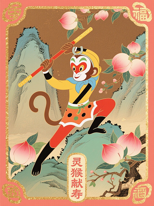 国潮风插画，卡通孙悟空拟人化，手持金箍棒，桃树环绕，喜庆氛围浓厚。