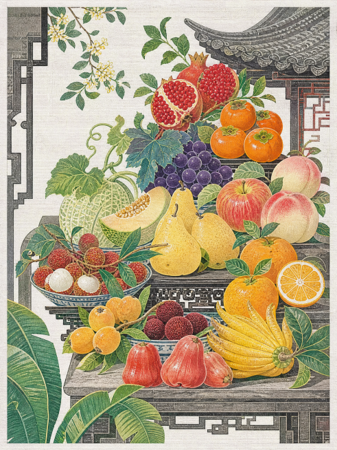 参照参考图的版画装饰风格，竖构图生成堆叠多种水果的丰收场景，跨越不同季节的各色水果，营造丰收满园氛围，高饱和度色彩突出各类水果颜色，保留中式留白不拥挤，呈现有质感有秩序的中式插画，适合文创设计，版画纹预览效果