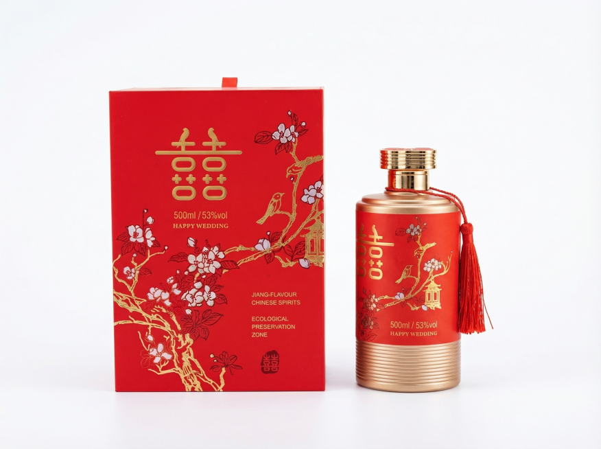 提取酒盒和酒瓶，将酒盒放在左侧，酒瓶放在右侧，两者组合在同一张图中，#FFFFFF绝对纯白背景，去除原背景的其他包装盒和杂物，保留酒盒和酒瓶原有设计、红色+金色配色、花鸟喜字图案和文字内容，整体布局对预览效果