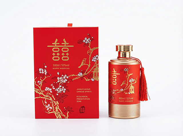 提取酒盒和酒瓶，将酒盒放在左侧，酒瓶放在右侧，两者组合在同一张图中，#FFFFFF绝对纯白背景，去除原背景的其他包装盒和杂物，保留酒盒和酒瓶原有设计、红色+金色配色、花鸟喜字图案和文字内容，整体布局对称协调，酒盒和酒瓶都清晰展示，边缘干净无毛刺，严格保持产品原有设计和比例，产品整体居中，上下留白均匀，保持文字清晰准确，所有图片背景颜色统一纯白