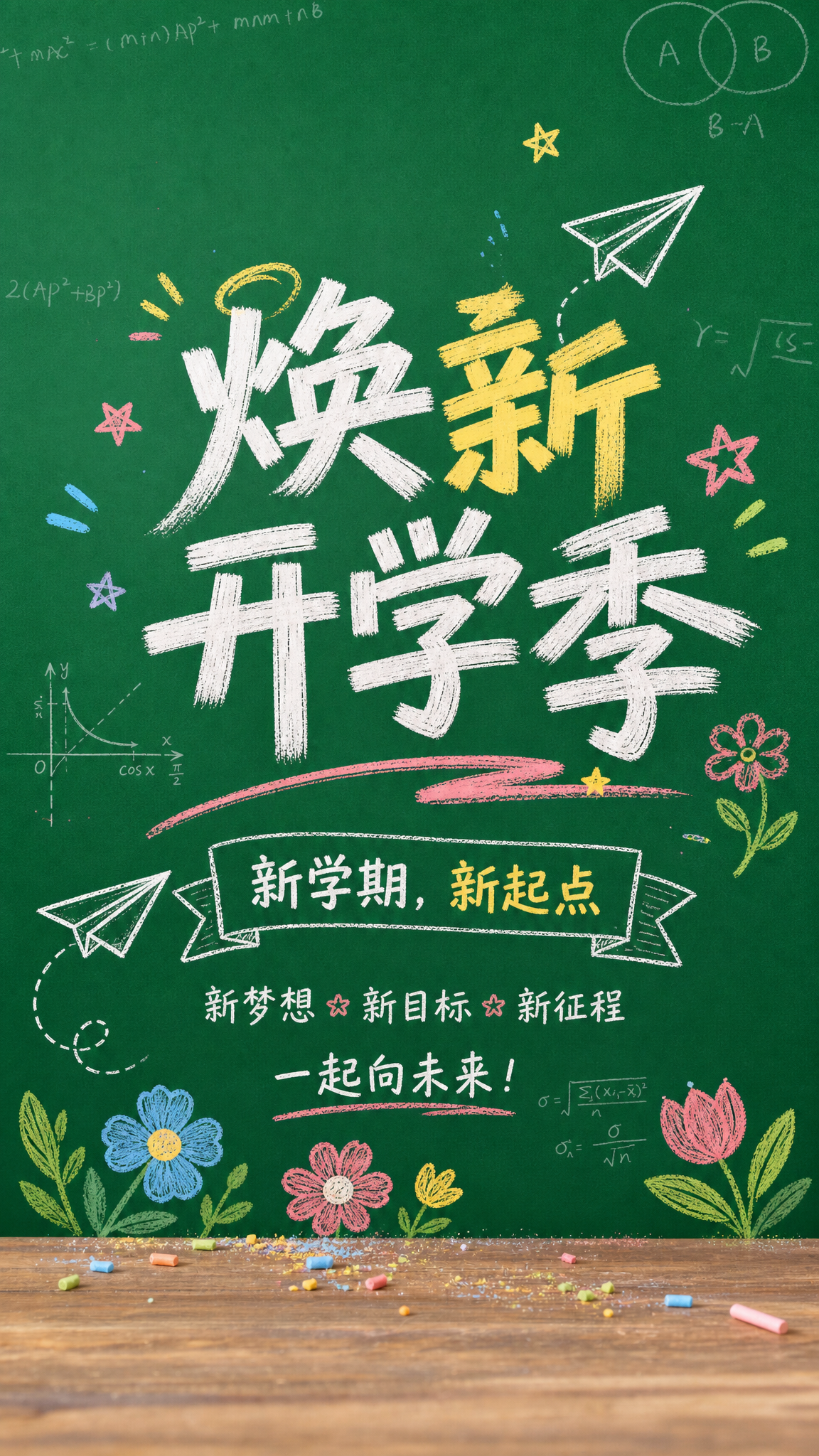 基于黑板课桌背景制作开学季海报。保留绿色黑板、粉笔数学公式、木… - 图片创意预览