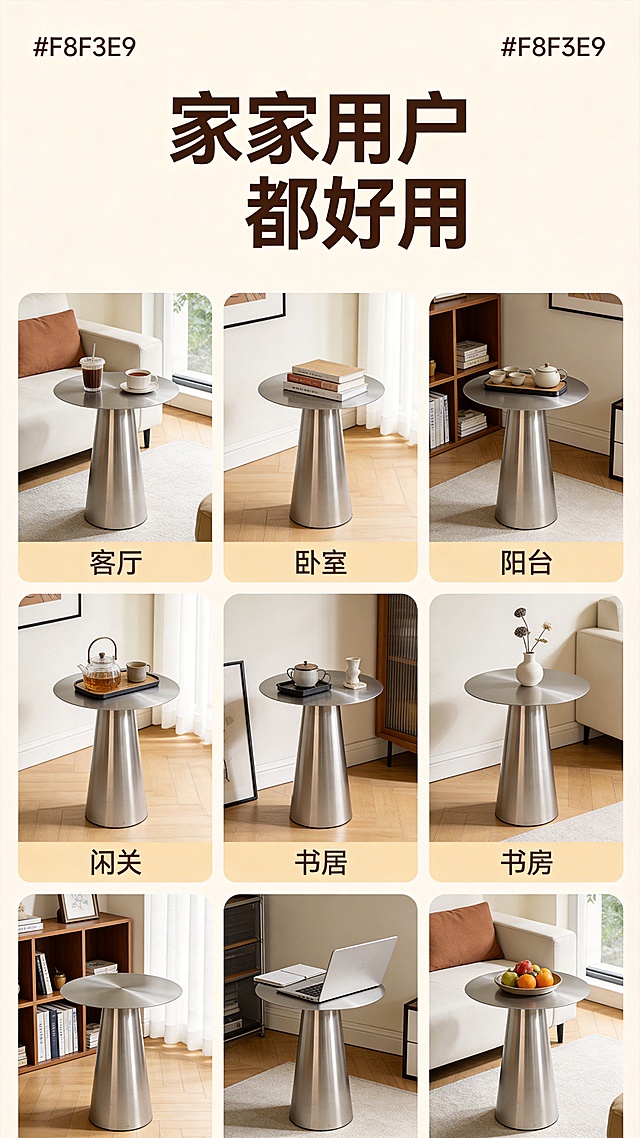 [第13屏] 用户场景证言-不同家庭用户使用展示。
本屏使用【图1】作为产品主体，参考参考图[图9]的六宫格小场景展示版式。
[氛围/风格] 真实用户场景风，多样化生活场景，温暖亲切，有说服力。
[元素布局] 顶部放主标题，下方排列2行3列共六张小图，每张展示一个不同用户使用场景：客厅放咖啡、卧室放书籍、阳台放茶具、玄关放摆件、书房放笔记本、休闲区放果盘。每个场景都包含不锈钢茶几，保持产品结构材质一致，融入不同场景自然不突兀。格子之间有暖米色间距，整体干净整齐。
[光影质感] 每个小场景光影自然，和真实生活一致，整体明暗统一，产品清晰可见。
[配色色系] 全局底色：#F8F3E9暖米色；每个场景保持原有生活色调，文字统一棕褐色。
[视角构图] 9:16竖版，上标题下六宫格，排列整齐有序，信息丰富不杂乱。
[文字版式] 顶部主标题「家家户户都好用」居中棕褐色粗体大字。每张场景图下方标注场景名称小字，清晰整洁。
[比例分辨率] 9:16竖版比例，4K分辨率，文字清晰可辨，超高清。
[负向提示词] 产品变形，同一个场景重复，布局歪斜，文字错乱，产品和场景融合不自然，水印，背景杂乱。