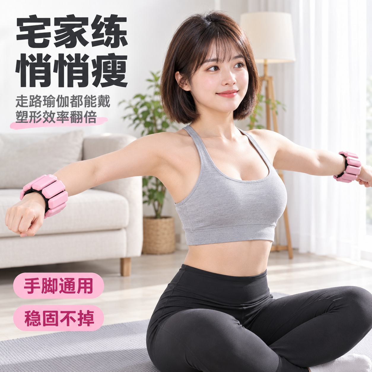 [主图-4] 硅胶负重手环真实使用场景图，展示女性居家瑜伽运动… - 图片创意预览
