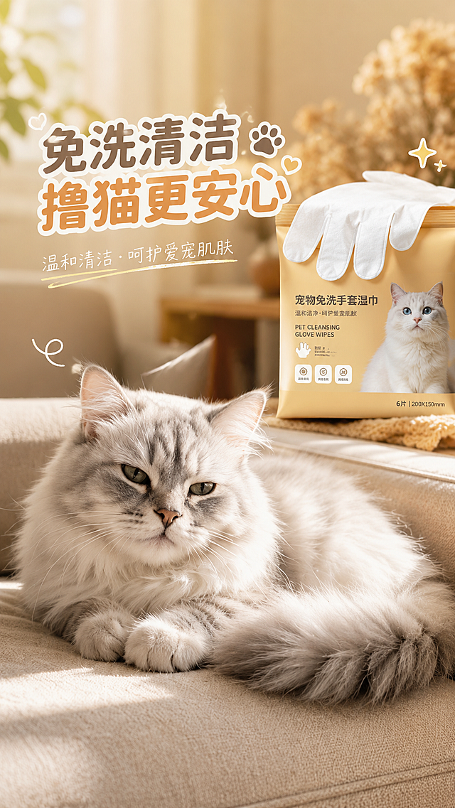 小红书爆款种草配图，灰色渐变长毛猫咪慵懒趴在沙发上，右上角放置宠物免洗手套湿巾产品展示，整体暖色调，温馨治愈风，布局适合小红书封面，文字点缀"免洗清洁 撸猫更安心"，保留原猫咪的样子和质感，高清干净