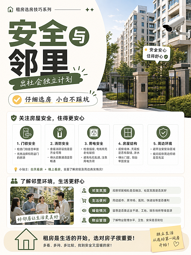租房选房技巧系列宣传海报，主题是"安全与邻里"，副标题：出社会独立计划，标语：仔细选房 小白不踩坑，现代简约实用风格，排版清晰