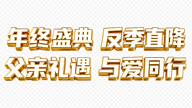 白内金边3D字体，透明背景，干净的背景，创意黑体字体设计八个字"年终盛典 反季直降 父亲礼遇 与爱同行"，上部分八个字单行横向排列，下部分八个字单行横向排列，分两行排版，字体大小和排版都跟随参考图，将字体进行大幅度抽象变形。笔画加粗呈现厚重块面感，字体为立体3D效果，白体金边描金工艺，每个字端正横平竖直保持稳定重心，字间距宽松排列舒展，整体风格大气醒目适合促销活动，金色描边立体饱满富有质感。画面中只能出现这十六个字："年"、"终"、"盛"、"典"、"反"、"季"、"直"、"降"、"父"、"亲"、"礼"、"遇"、"与"、"爱"、"同"、"行"，不得出现参考图中的原文字，不得增加、遗漏或替换任何一个字。文字整体必须完整呈现在画面内不可被裁切，四周留有安全边距。比例16:9