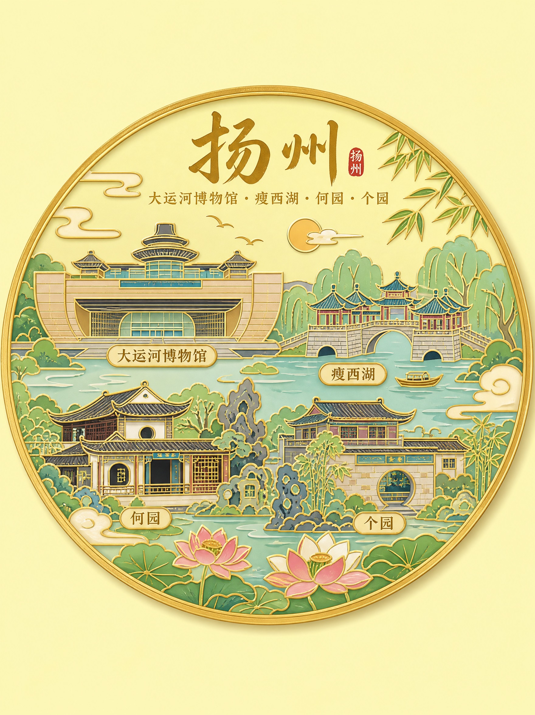 参考图中的国潮描金插画风格，将画面内容改为扬州景点冰箱贴设计，… - 图片创意预览