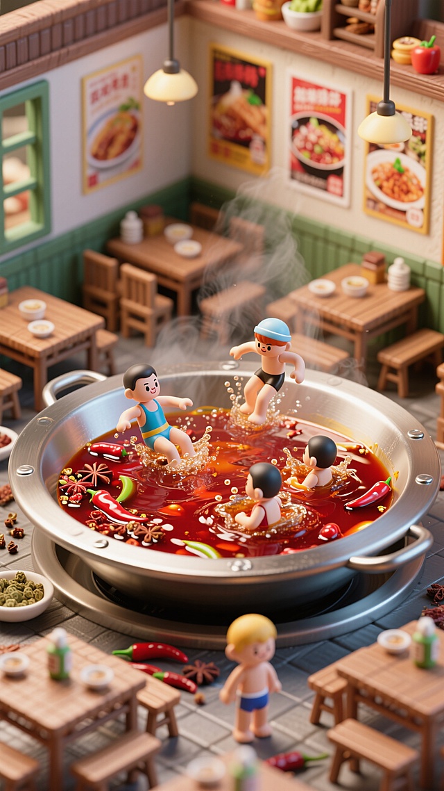 火锅里有游泳者，火锅店背景