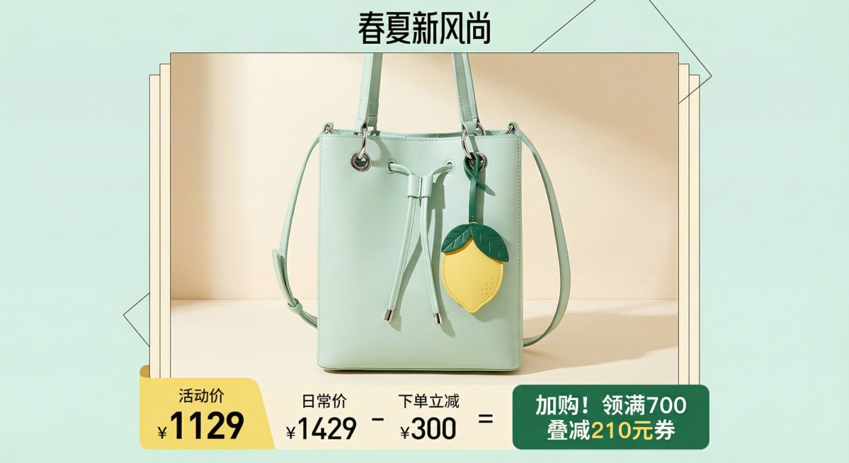 电商促销海报，主体物品：浅薄荷绿色竖款托特水桶包，皮质质感，简约利落的方形包身，搭配同色细肩带，正面有金属圆环与抽绳设计，挂着一个柠檬造型的皮质挂饰（黄色主体+绿色叶片）。整体为清新马卡龙色系，主色调预览效果