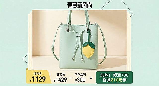 电商促销海报，主体物品：浅薄荷绿色竖款托特水桶包，皮质质感，简约利落的方形包身，搭配同色细肩带，正面有金属圆环与抽绳设计，挂着一个柠檬造型的皮质挂饰（黄色主体+绿色叶片）。整体为清新马卡龙色系，主色调是浅薄荷绿+暖米白背景，点缀柠檬黄与深绿挂饰，视觉干净柔和，符合春夏新风尚的季节感。中心构图，包袋占据视觉核心，柔和侧光营造出干净通透的质感，背景为简约米色平面加几何线条装饰，突出产品本身。顶部文字“春夏新风尚”点明季节，底部价格区用对比色突出活动价¥1129、日常价¥1429、下单立减¥300及“加购！领满700叠减210元券”优惠券信息，引导消费。