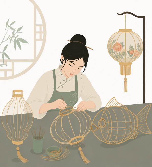 矢量插画，新中式扁平国风，年轻女匠人手工弯折竹篾铁丝，扎制彩灯立体骨架，鱼灯宫灯框架造型，简约线条，纯色块平涂，非遗佛山彩灯工艺，干净留白，无文字预览效果