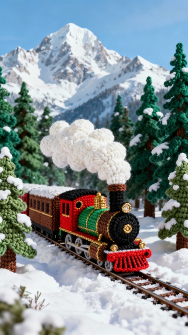 精致细腻的钩针编织艺术风格冬日场景，一辆色彩鲜艳的复古蒸汽火车头（红、绿、棕、黑配色，金色装饰细节）正行驶在被厚厚积雪覆盖的轨道上，背景是雄伟的雪山和茂密的绿色松树，火车冒着蓬松的白色钩针编织蒸汽，地面覆盖着厚实的白色钩针积雪，周围点缀着被雪点缀的绿色钩针松树，整体色调以蓝绿色、棕色、白色为主，营造出温暖而梦幻的冬日氛围，光影柔和，细节丰富，充满手工编织的纹理感和立体感。预览效果