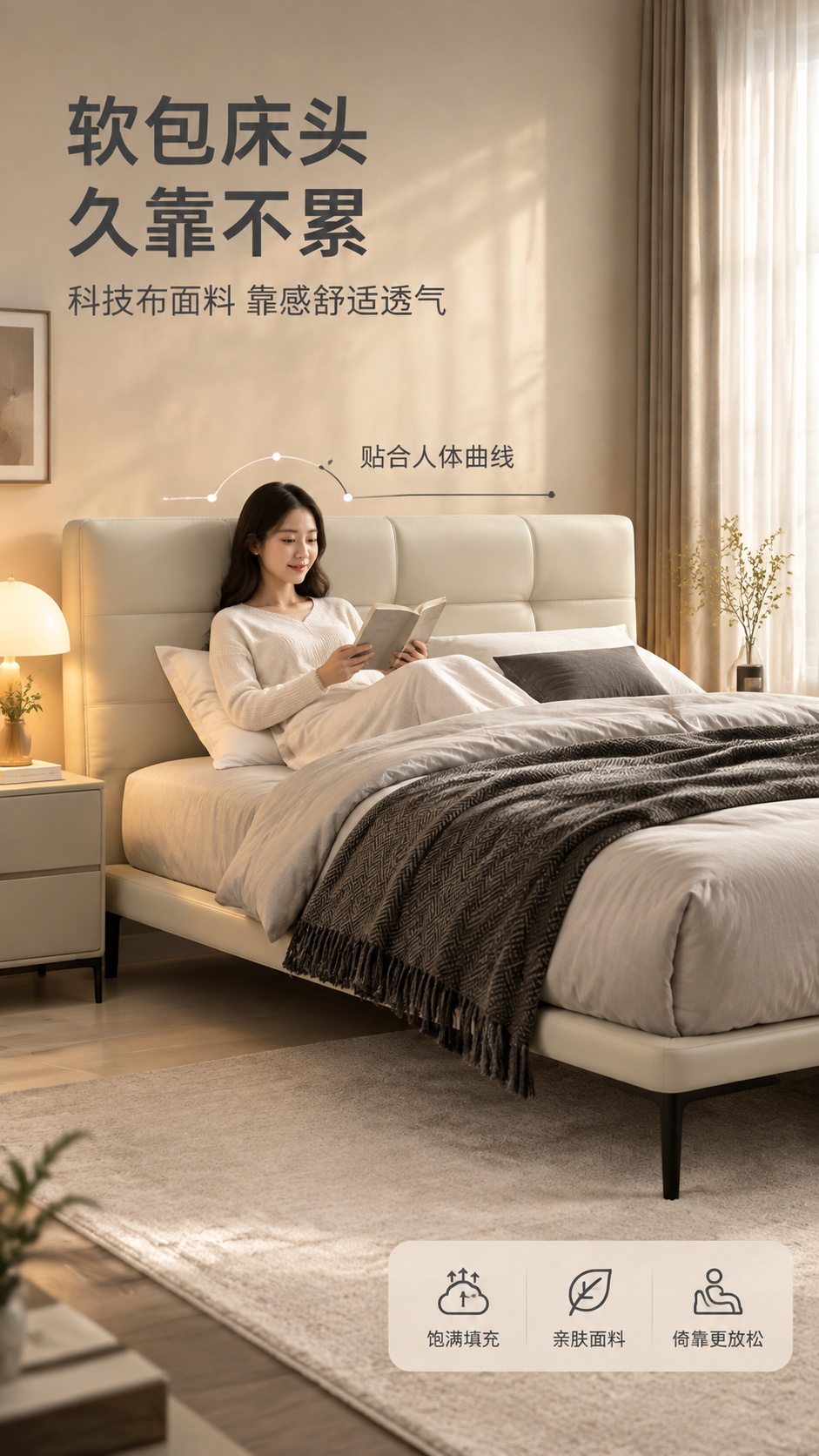 [商品] 使用【图1】意式极简高脚齐边床；保留米白色软包方格床… - 图片创意预览