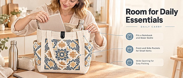 [商品] 使用【图1】米白色纯棉帆布托特包；商品处理：保留帆布米白色、正面插袋与两侧袋的蓝金几何花砖图案、黑色金属按扣、两条提手与包身结构；自然去折痕，理顺提手与包口垂坠，增强帆布织纹、图案工艺质感与五金高光，不改变颜色、图案和结构。
[画面] 页面目标：真实展示容量与收纳分区；构图骨架：欧美女性（约25至35岁）在暖调厨房或集市木质台面前，正把一本A4笔记本、一个不锈钢水瓶和一个小化妆包放入开口的托特包，包呈侧面开口角度，主仓、前置插袋与侧袋结构清晰可见；景别：中近景俯侧视角；前中后景：前景木质台面与待放入的物品，中景手部与包，后景柔和虚化的暖色家居环境；以真实物件作容量参照，不虚构精确尺寸。
[视觉] 套系策略：风格=跨境极简高级商业摄影，暖调自然光，真实质感，少装饰；标题字=现代无衬线粗体，单词首字母大写；正文字=简洁无衬线体；主色=暖米白燕麦；背景延展=基于暖米白燕麦做深浅层级、亚麻与帆布织物纹理和柔和渐变；强调色=复古雾蓝，仅用于小面积图标、引线、标签或局部光效；标题色=深炭灰；正文色=中暖灰；组件=圆角浅底信息卡、细线引线、细线分隔；光影=左前侧柔和自然光。
[文字] 所有文字横向排版；标题"Room for Daily Essentials"；三行英文短标签"Fits a Notebook and Water Bottle"、"Front and Side Pockets for Small Items"、"Wide Opening for Easy Packing"；小号英文装饰"DAILY CARRY"；全部横向置于右侧留白，不遮挡手部与包内结构。
[规格] 图片比例61:25横版，2K分辨率；文案全英文，无中文；不出现价格、折扣、水印、二维码、站外链接、诱导好评；避免画面变形、错字、英文拼写错误、冷蓝或蓝灰主导背景、包身图案与颜色改变、结构缺失。
