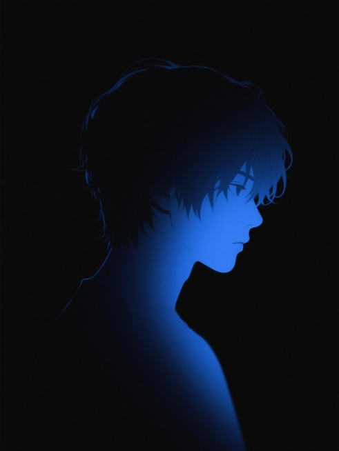 纯黑背景，侧面构图，微卷短发男生的剪影轮廓，姿态安静，高对比度，仅黑色与被光线照亮的蓝色调剪影部分，艺术感与神秘感，光线从侧前方打过来，春野樱微微发光，形成鲜明的明暗对比，塑造出立体的轮廓，镜头与主体预览效果