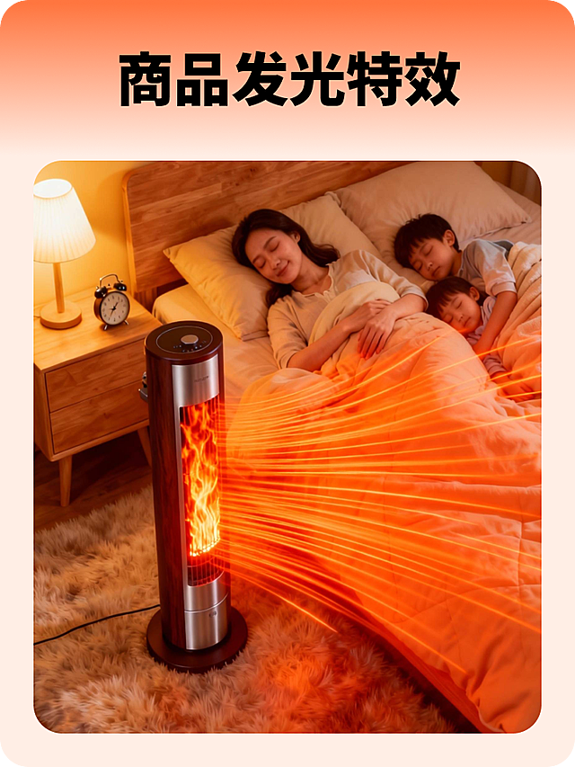 产品内部加热区火焰发光效果，线条感暖风大面积输送效果。