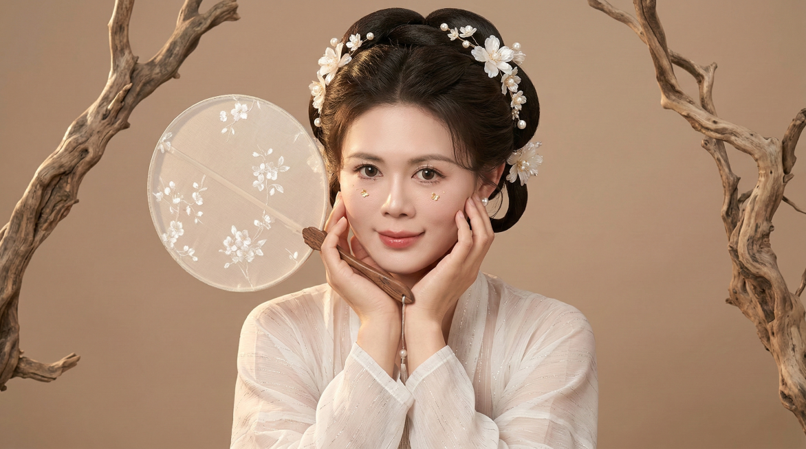 图中人物五官不变，年轻东亚女性胸像古风人像，梳着精致的双环髻，发间点缀着白色花朵发饰。身着轻薄的白色半透汉服，带有细微的闪光纹理，手持一把半透明的圆形团扇，扇面有白色花纹。背景是极简的浅棕色影棚背景，预览效果