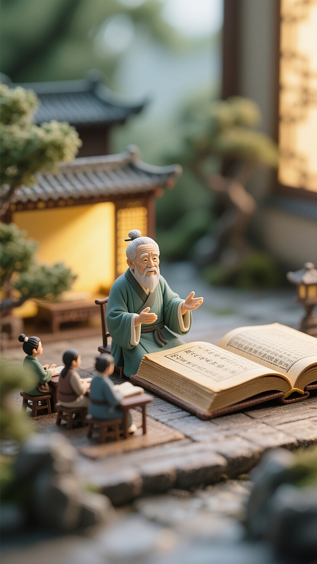 书中自有黄金屋，一位青山老者，为学生讲道，书后面暖黄色光透过夹角照亮人物，远景，宁静祥和