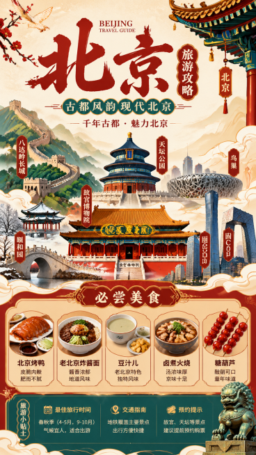 北京旅游攻略海报，融合北京知名景点与特色美食，现代国潮风格，清晰展示北京地域特色，适合手机端竖版展示预览效果