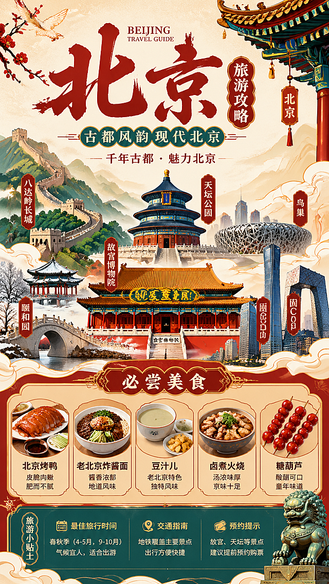 北京旅游攻略海报，融合北京知名景点与特色美食，现代国潮风格，清晰展示北京地域特色，适合手机端竖版展示