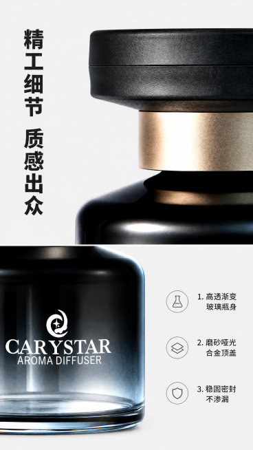 [第2屏] 车载香薰设计细节与材质展示屏。本屏使用【图1】作为商品主体。
[氛围/风格] 微距质感展示，低饱和冷调，工业设计高级感，商业产品摄影特写。
[元素布局] 画面分为上下两个展示区域：上半部分预览效果